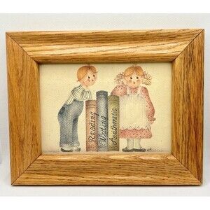 ART BY MIMI Rag Dolls w/ school books country picture wooden framed (Bx 11)